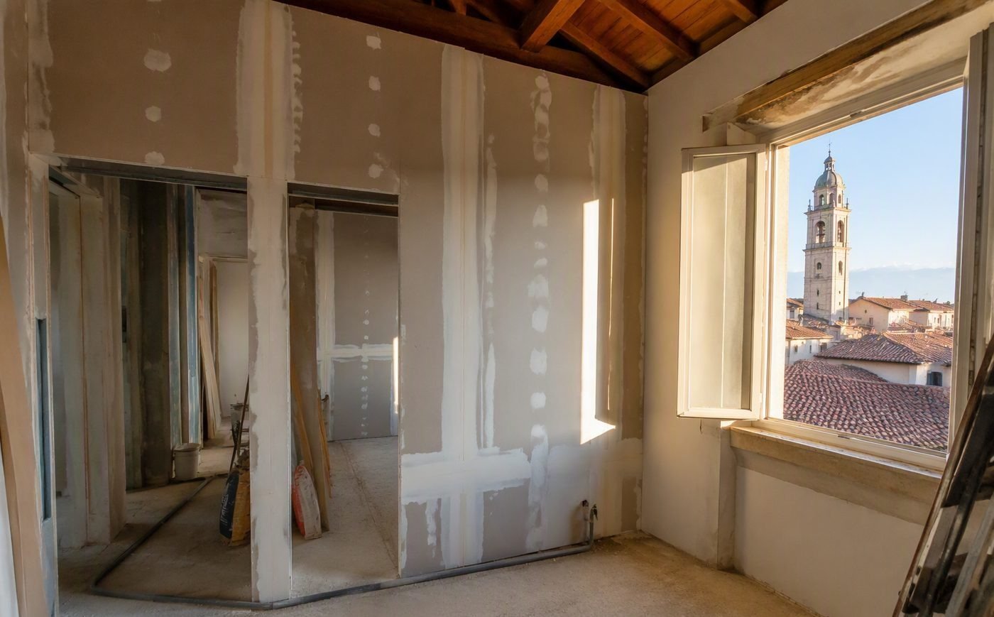 Cantiere di cartongesso a Lodi: posatori al lavoro su un controsoffitto in un appartamento del centro